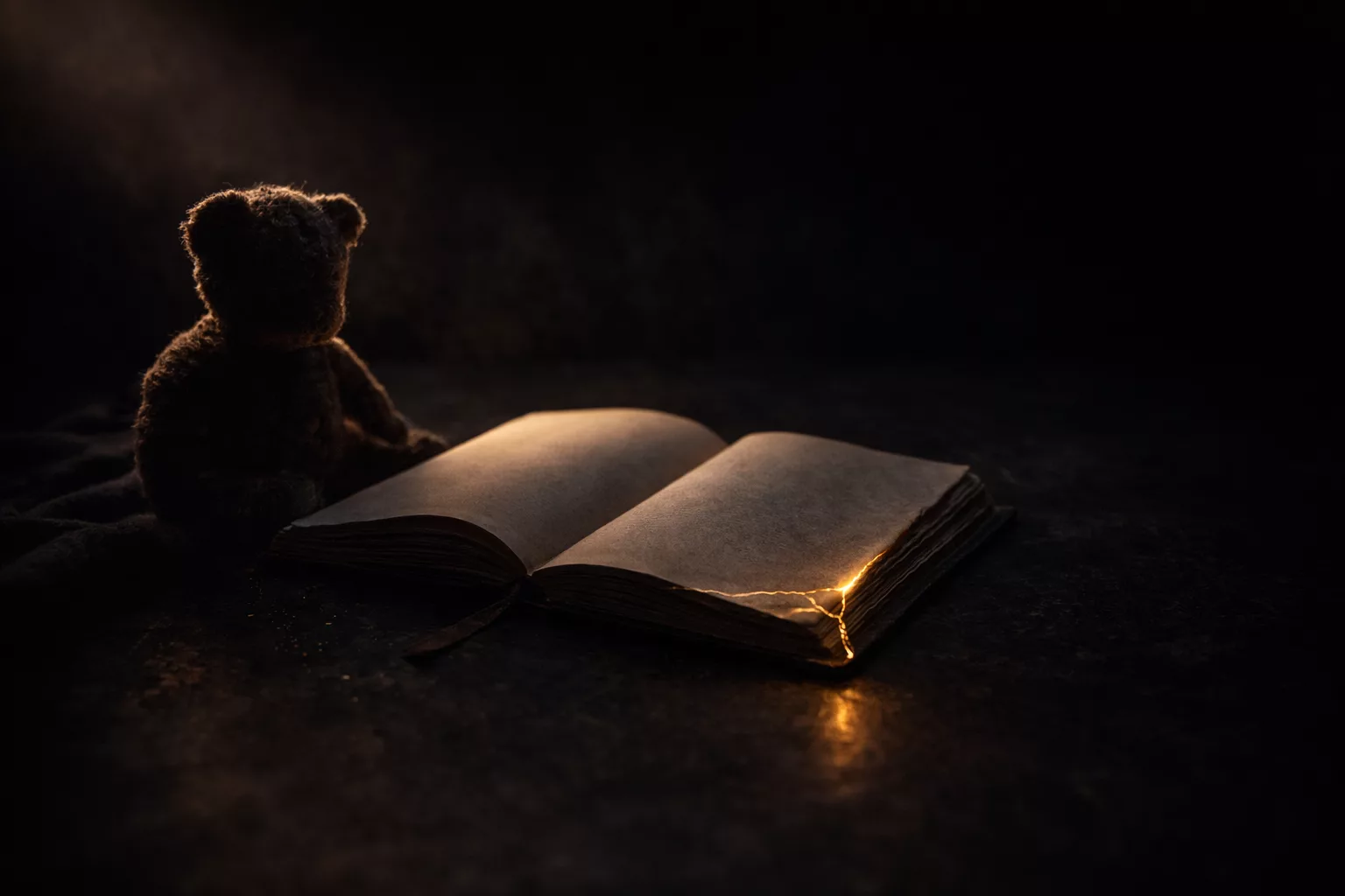 “Silhouette of a teddy bear beside an open book in half-shadow, with warm golden light on the pages against a dark background.”