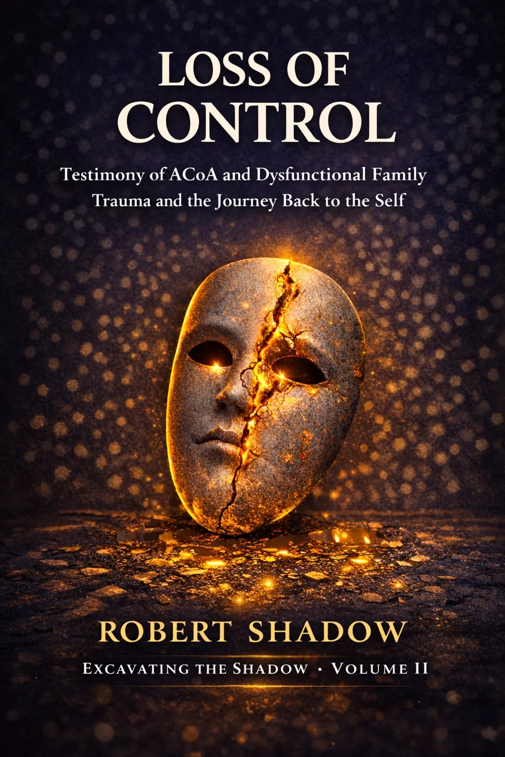 Book cover: “Loss of Control” by Robert Shadow (Excavating the Shadow, Volume II) — a cracked mask with glowing fissures.